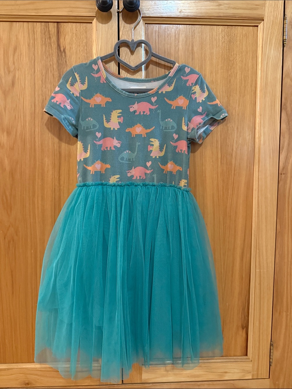 Girls Teal Dinosaur Tulle Dress with Short Sleeves